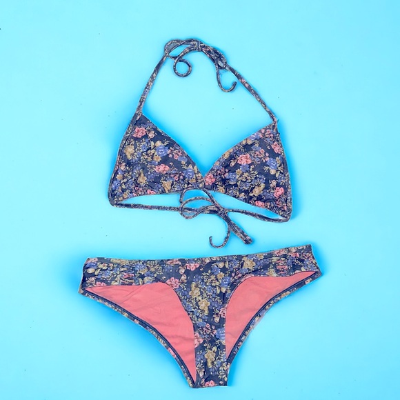 Eidon Blue & Pink Floral Print Bikini Top Set XL Top Large Bottoms Moxie Rebel - Picture 1 of 9